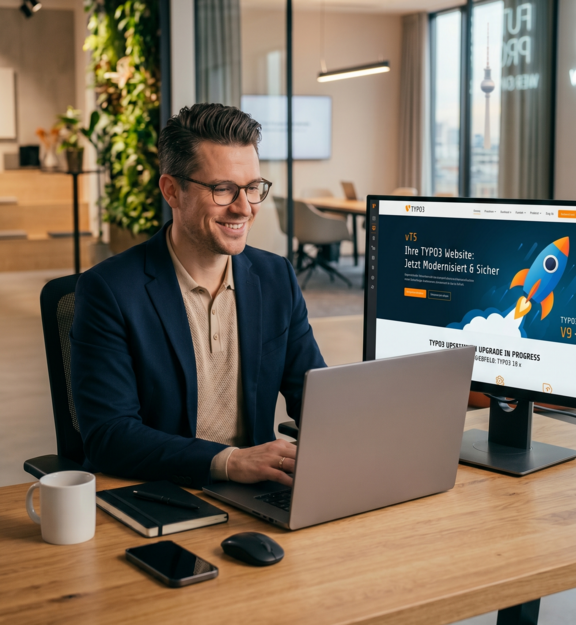 A man wearing glasses is sitting at a desk, working on a laptop. In front of him is a monitor displaying a website that provides information about services. The room is modern and bright, with plants and minimalist furnishings. A cup and a smartphone are on the table.