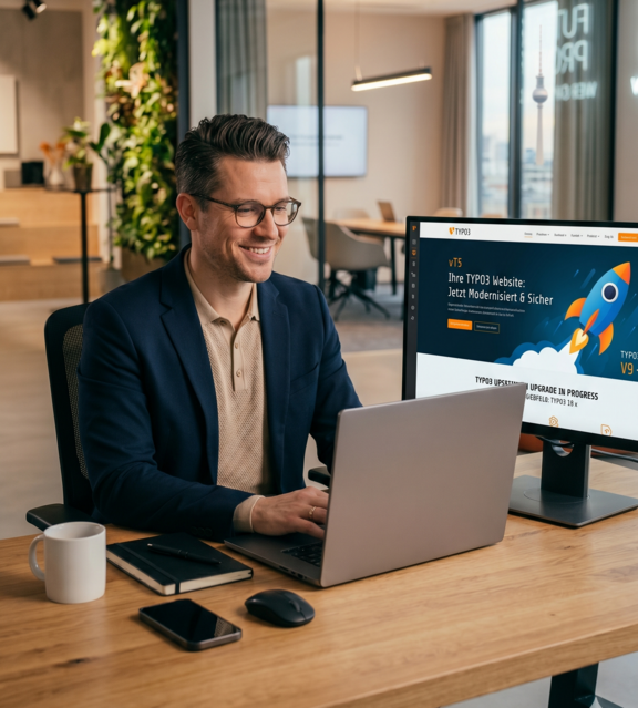 Ein Mitarbeiter sitzt an einem Schriebtisch und führt ein TYPO3 Upgrade durch
