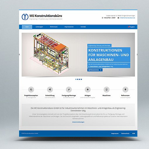 Website des ME Konstruktionsbüros mit Informationen zu Ingenieurdienstleistungen und einer 3D-Illustration