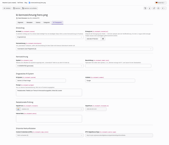 Der Reiter „KI-Transparenz" in den Datei-Metadaten von TYPO3 mit den Feldern für KI-Anteil, Erzeugungsdatum, eingesetztes System und redaktionelle Prüfung