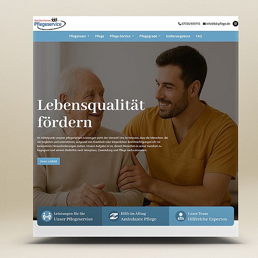 Die Webseite zeigt eine Präsentation zum Thema "Lebensqualität fördern". Im Vordergrund sind eine Person im Gespräch mit einem anderen zu sehen. Der Text auf der Seite betont die Bedeutung der Unterstützung und Verbesserung der Lebensqualität durch verschiedene Programme und Dienstleistungen.