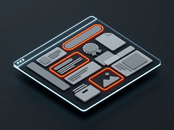 Stilisierte Website mit mehreren Inhaltsbereichen, von denen drei orange markiert sind