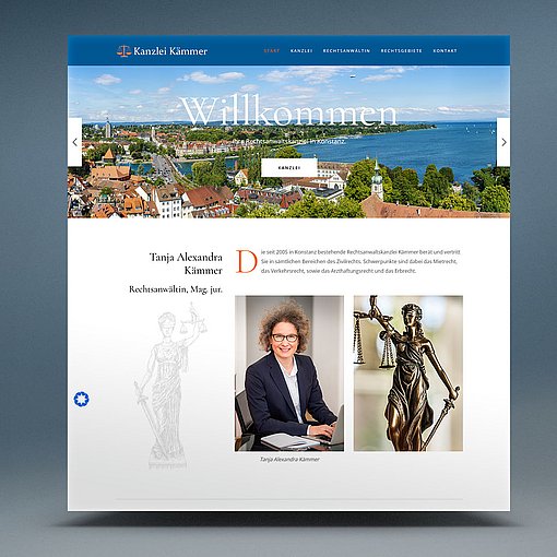 Webseite der Kanzlei Kämmer mit einem Foto der Stadt Konstanz, Vorstellung von Tanja Alexandra Kämmer