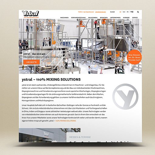 Webseite von ystral mit Informationen über Mischlösungen und Dienstleistungen, inklusive Bild von Mischmaschinen.