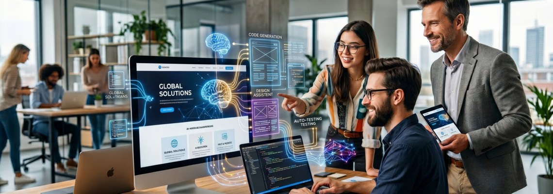 Eine Gruppe von Fachleuten steht an einem Tisch und diskutiert an einem Computer mit Informationen zu "Global Solutions".