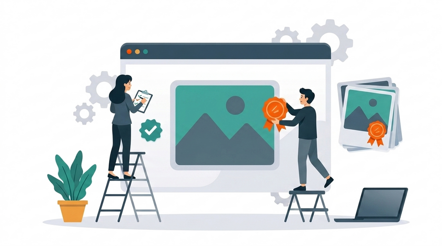 Illustration: Eine Person heftet ein orangefarbenes Siegel an ein Bild in einem Browserfenster, eine zweite hakt es auf einer Liste ab; weitere Bilder tragen bereits das Siegel