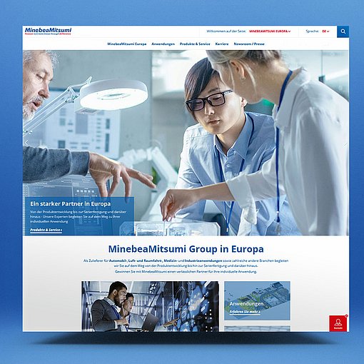 Webseite von MinebeaMitsumi mit Informationsbereich über europäische Partnerschaften, Team in einem Laborumfeld bei der.