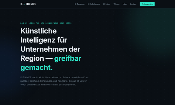 Startseite von kithinks.de mit der Überschrift „Künstliche Intelligenz für Unternehmen der Region – greifbar gemacht“