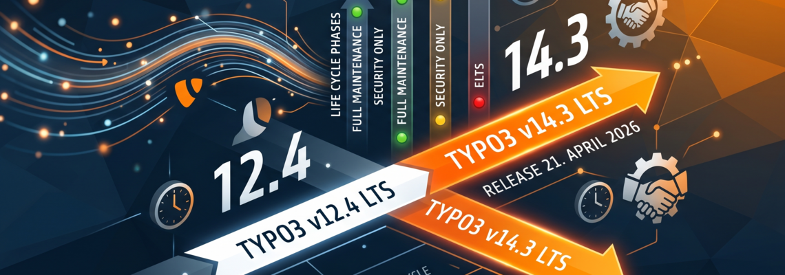 Grafik über die Lebensphasen von TYPO3-Versionen, mit Angabe der Versionen 12.4 LTS und 14.3 LTS, Veröffentlichungsdatum.