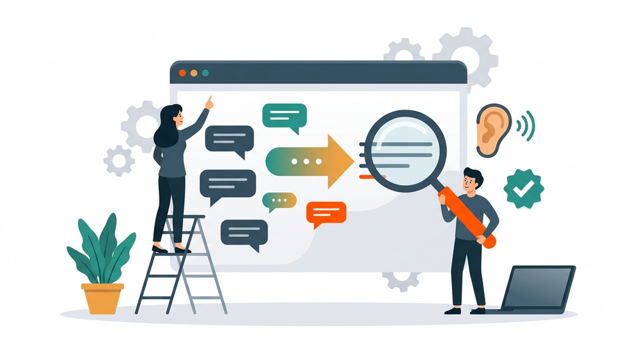Illustration: Zwei Personen arbeiten an einem Browserfenster; Sprechblasen wandern von links nach rechts, eine Lupe prüft eine Textzeile, daneben ein Ohr-Symbol und ein Häkchen