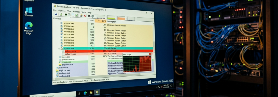 Ein Computerbildschirm zeigt den Process Explorer mit Prozessen und CPU-Auslastung, im Hintergrund sind Server mit Kabeln.