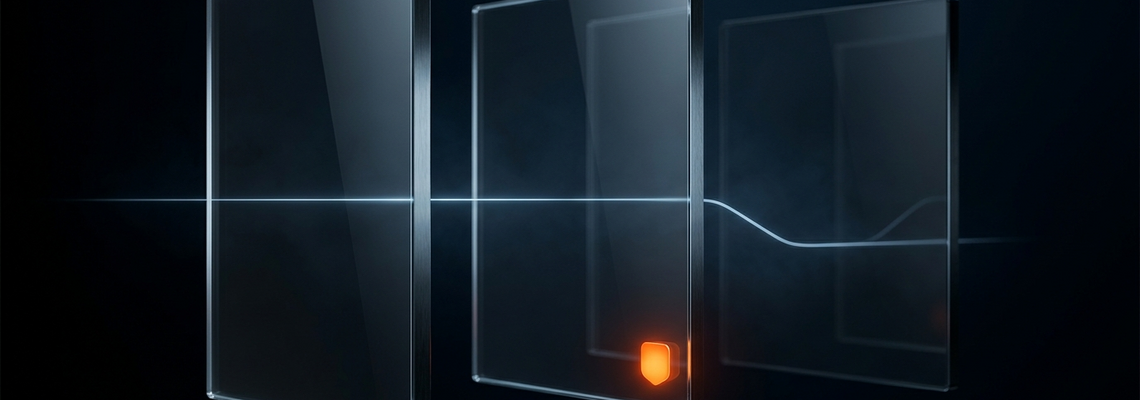 Drei transparente, rechteckige Glasflächen sind vor einem dunklen Hintergrund ausgerichtet, mit einem orangefarbenen Element.