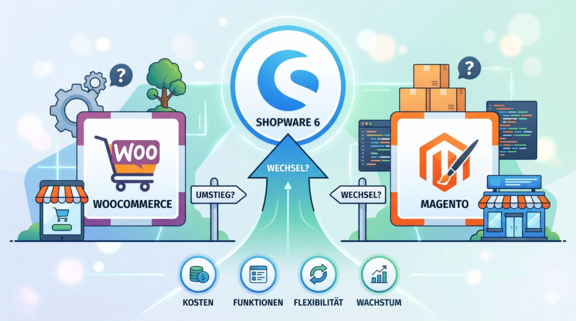 Zwei Symbole für E-Commerce-Plattformen: WooCommerce links und Magento rechts, mit einem zentralen Symbol für Shopware 6