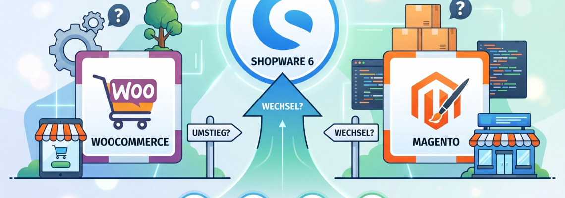 Zwei Symbole für E-Commerce-Plattformen: WooCommerce links und Magento rechts, mit einem zentralen Symbol für Shopware 6