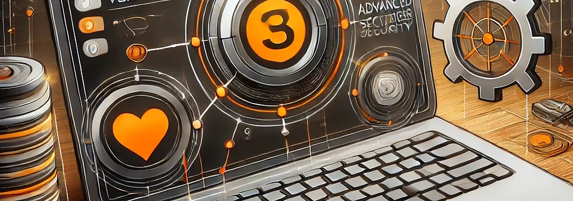 Ein Laptop mit einem futuristischen Bildschirm zeigt Grafiken und Symbole für „VERSION 13“ und „TYPO 3“. Der Bildschirm hat runde, leuchtende Icons, darunter ein Zahnrad und ein Herz. Um den Laptop sind verschiedene runde Objekte und Module angeordnet, die eine technische Atmosphäre vermitteln.
