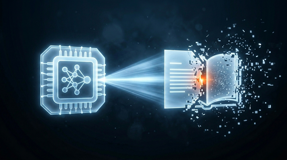 KI-Chip, dessen erzeugtes Dokument an den Rändern in Fragmente zerfällt – Sinnbild für eine Halluzination