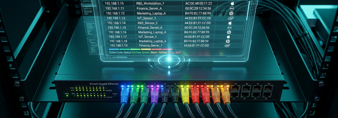 Ein Netzwerk-Switch mit 24 Ports, verbunden mit bunten Ethernet-Kabeln, zeigt eine grafische Benutzeroberfläche