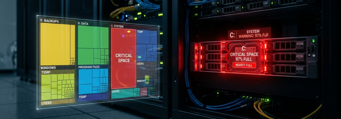 Eine Server-Rack-Anordnung mit sichtbaren Datenkabeln und einem Diagramm, das die Speichernutzung anzeigt