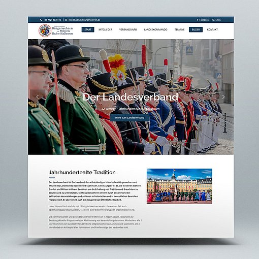 Eine Webseite mit Informationen über den Landesverband der Bürgerwehren in Baden-Süßhessen und einem Gruppenfoto
