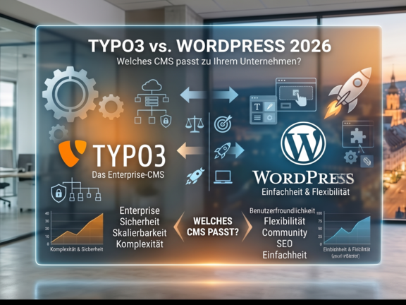 Ein modernes Büro mit Fensterblick, das die Gegenüberstellung von TYPO3 und WordPress 2026 zeigt.