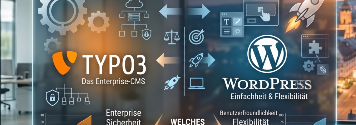 Ein modernes Büro mit Fensterblick, das die Gegenüberstellung von TYPO3 und WordPress 2026 zeigt.
