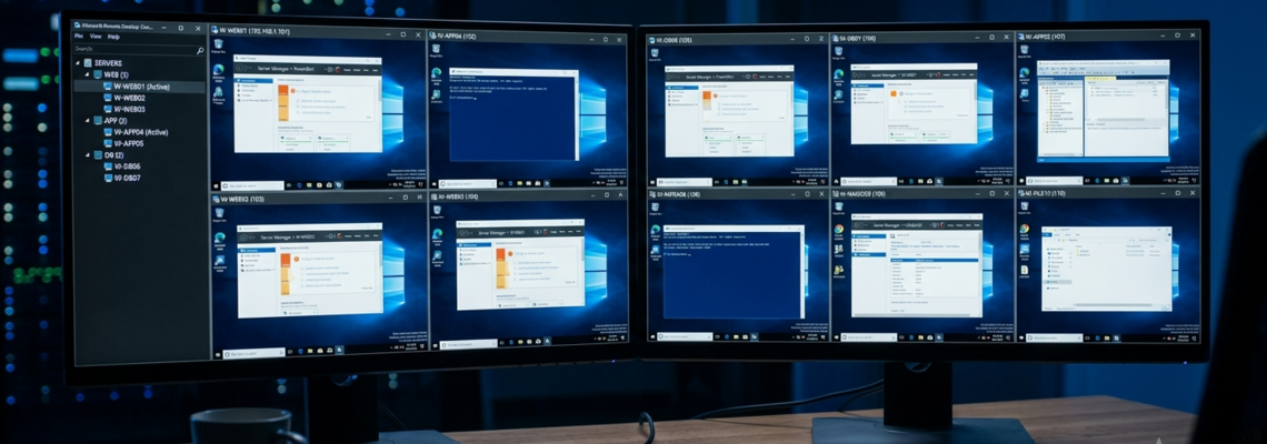 Zwei Monitorbildschirme mit mehreren offenen Fenstern, die Server-Management-Tools und Systeminformationen anzeigen.